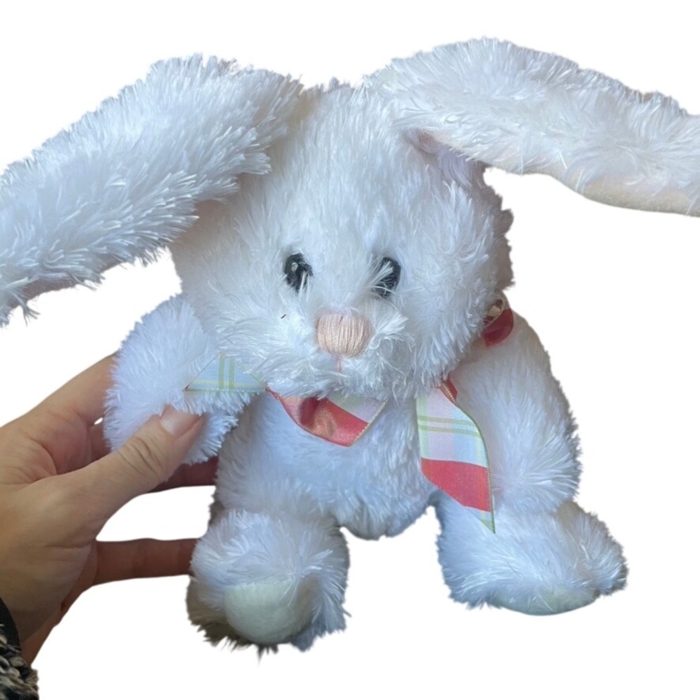 White Plush Bunny Rabbit Shaggy Soft Stuffed Animal Plaid Bow Easter Toy